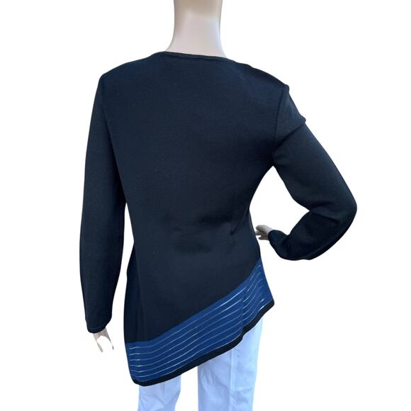 St. John Tunic Sweater S Black Wool Asymmetrical Hem Blue Stripe Pre-Fall 2016 - Picture 5 of 10